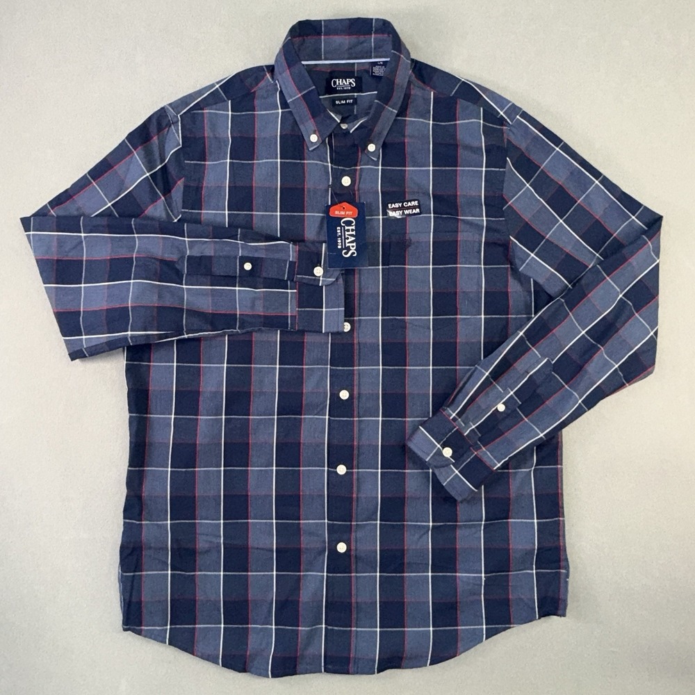 Men's Chaps Long Sleeve Slim Fit Easy Care Twill Button Down Shirt Plaid Size L